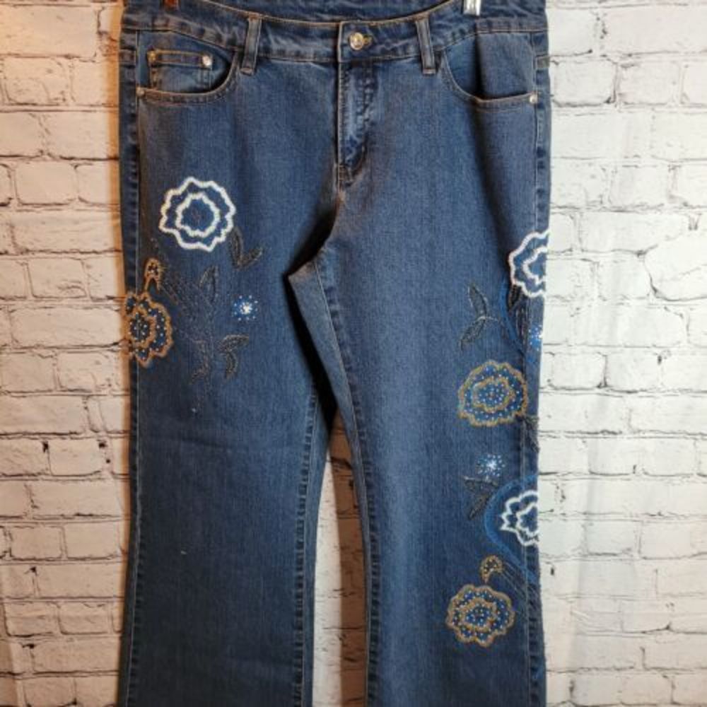 Azi Jeans, Floral Beaded‎ Embroidered, size 14